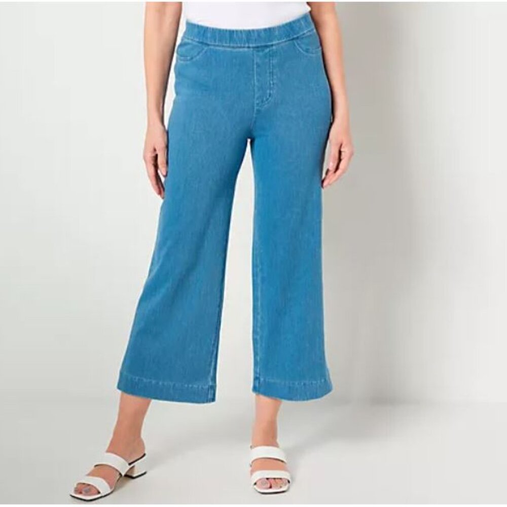 Isaac Mizrahi Live! Regular Knit Denim Pull On Wide Leg Cropped Pant-Plus 30